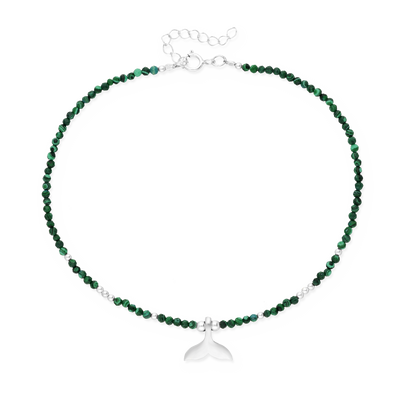 Sterling Silver Whales Tail Anklet with 2 mm  Malachite Beads