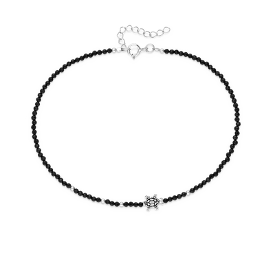 Sterling Silver Turtle Anklet with 2 mm Onyx Beads