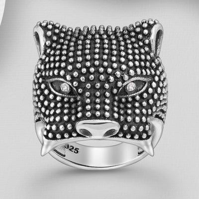 Sterling Silver Oxidized Tiger Ring Decorated with Cubic Zirconia