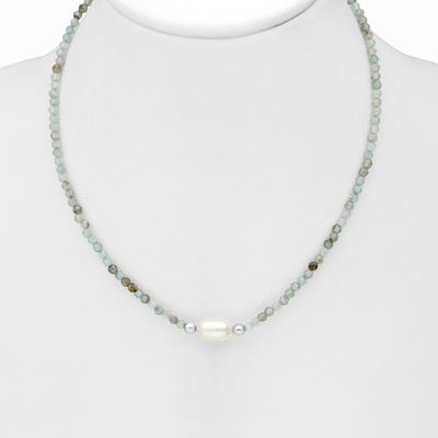 Sterling Silver Necklace with Aqua Marine Beads and Freshwater Pearls