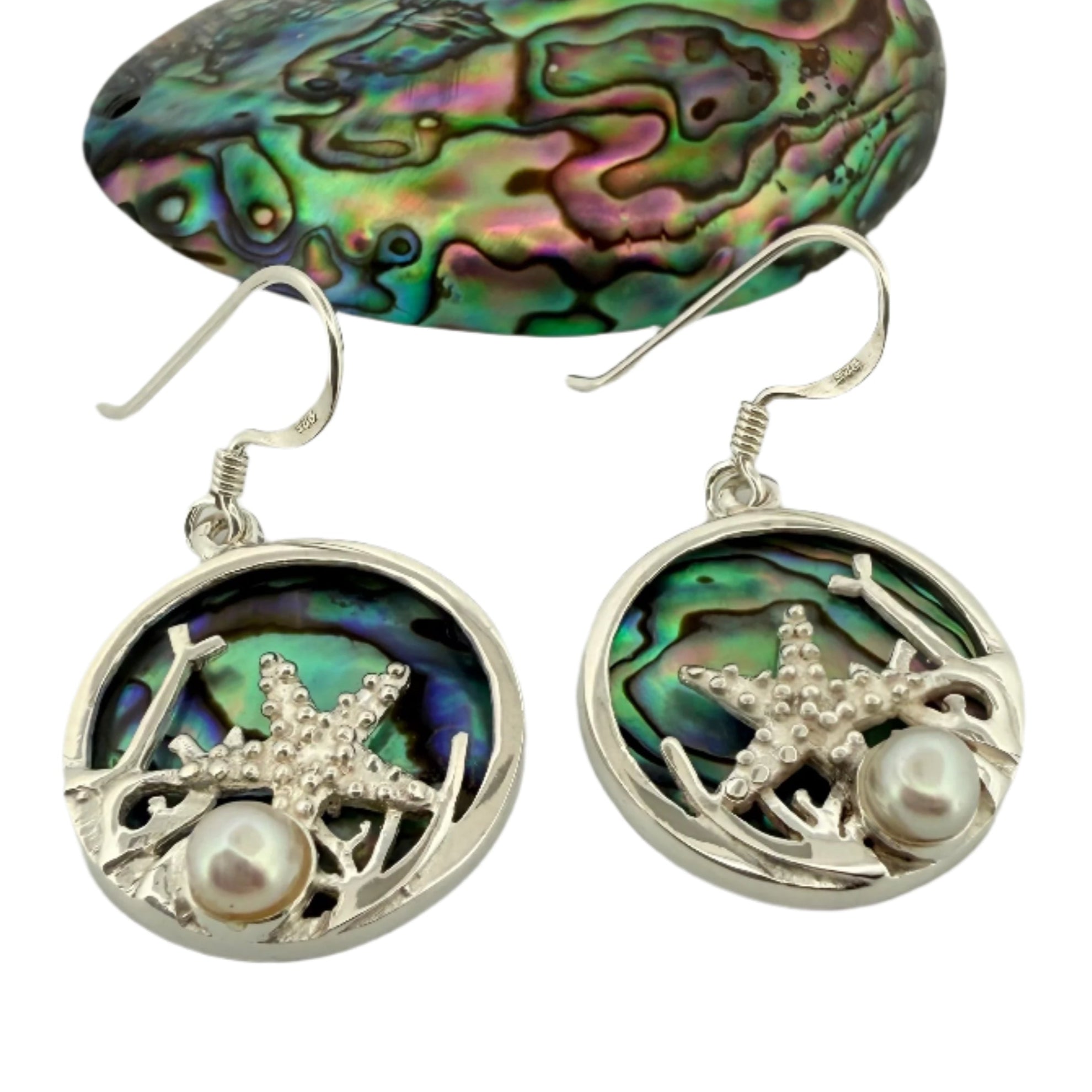 Sterling Silver, Paua Shell & Freshwater Pearl Dangly Earrings