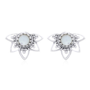 Sterling Silver & Mother of Pearl Shell Lotus Flower Stud Earrings