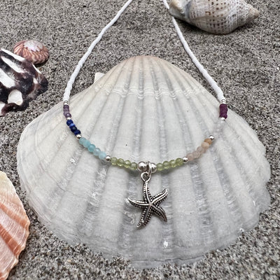 Sterling Silver Oxidized Starfish Necklace, Beaded with Amazonite, Amethyst, Garnet, Lapis Lazuli, Sandstone, Peridot, Moonstone and Seed Beads