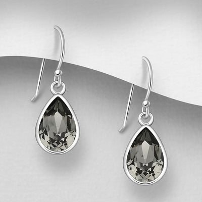 Sterling Silver Dangly Earrings with Fine Austrian Crystal - Black Diamond