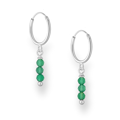 Sterling Silver Hoops with Green Onyx Beads