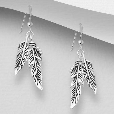 Sterling Silver Double Feather Dangly Earrings