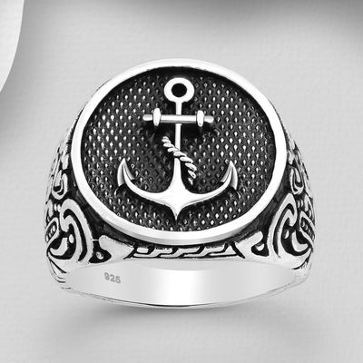 Mens Sterling Silver Anchor Signet Ring