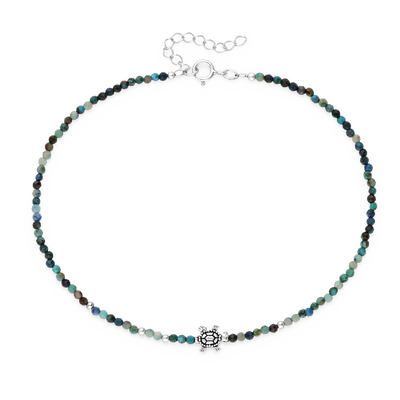 Sterling Silver Turtle Anklet with 2 mm Chrysocolla  Beads