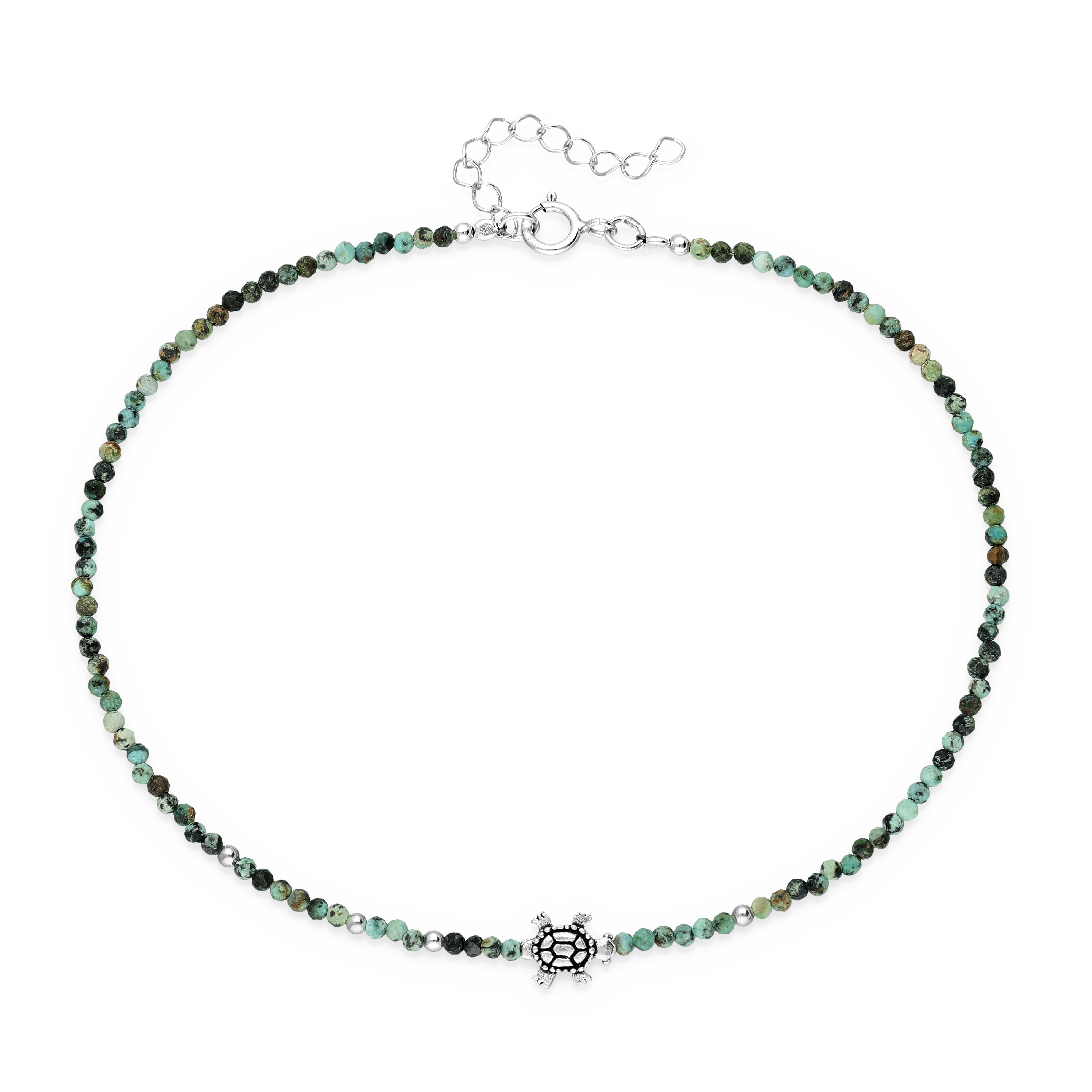 Sterling Silver Turtle Anklet with 2 mm Turquoise Beads Awa