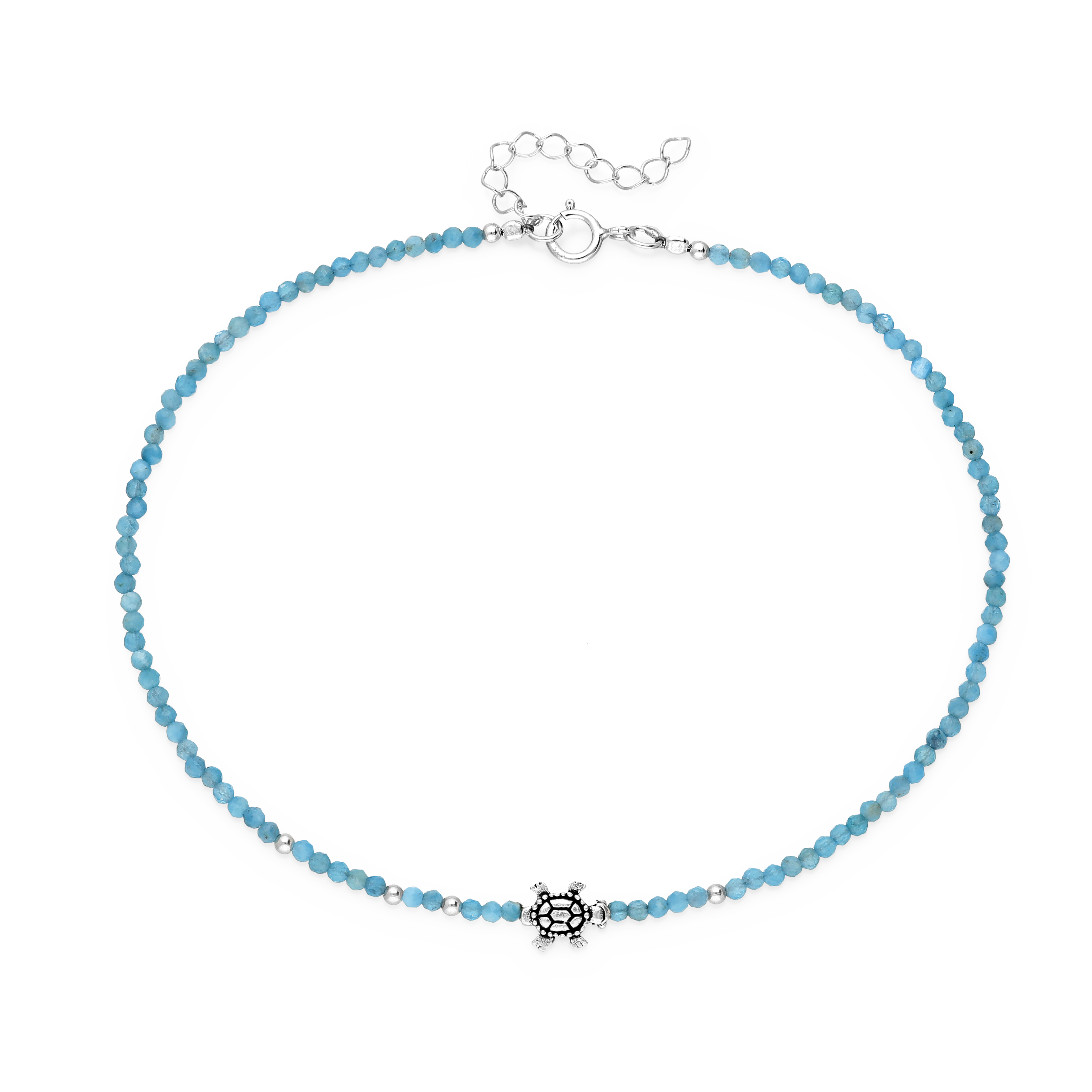 Sterling Silver Turtle Anklet with 2 mm Apatite Beads Awa