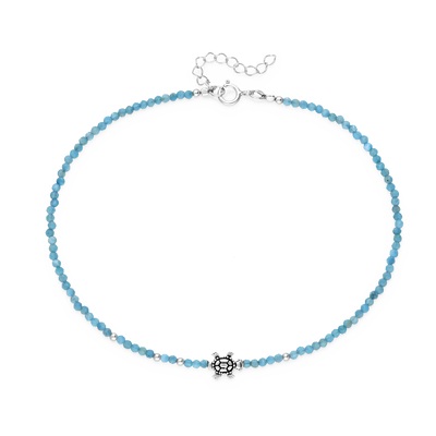 Sterling Silver Turtle Anklet with 2 mm Apatite  Beads