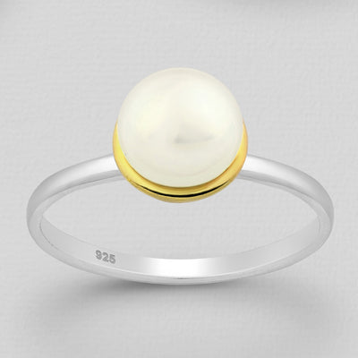 Sterling Silver Ring, Decorated with Freshwater Pearl, Plated with 3 Micron 22K Yellow Gold and White Rhodium