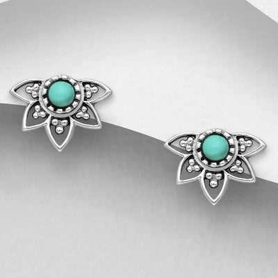 Sterling Silver & Turquoise Lotus Flower Stud Earrings