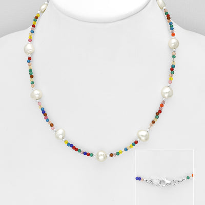 Sterling Silver Beaded Necklace with Crystal Glass and Freshwater Pearls