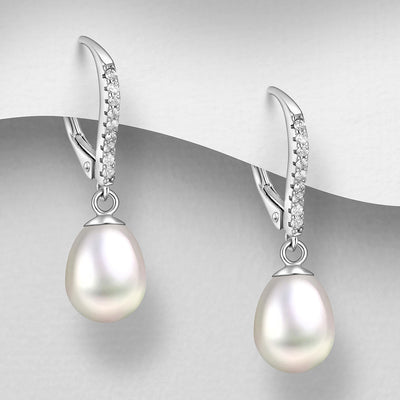 Sterling Silver Lever Back Earrings, Decorated with Freshwater Pearls and Cubic Zirconia