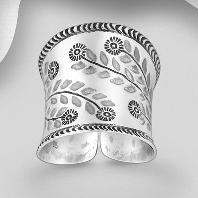 Sterling Silver Oxidized Floral Adjustable Ring