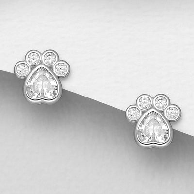 Sterling Silver & Cubic Zirconia Paw Print Stud Earrings