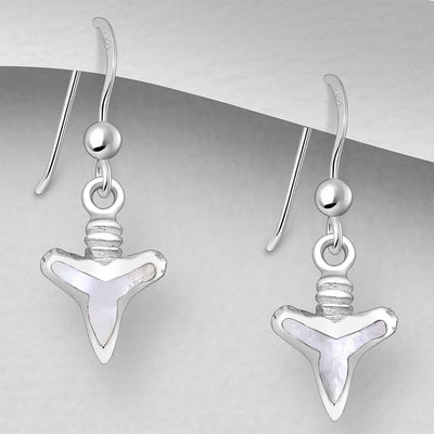 Sterling Silver & Mother of Pearl Shell Shark Tooth Dangly Earrings