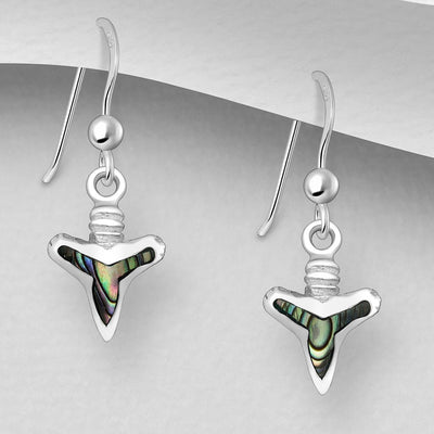 Sterling Silver & Paua Shell Shark Tooth Dangly Earrings