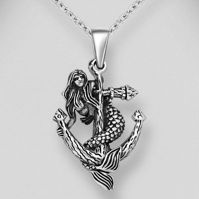 Sterling Silver Oxidized Anchor and Mermaid Pendant