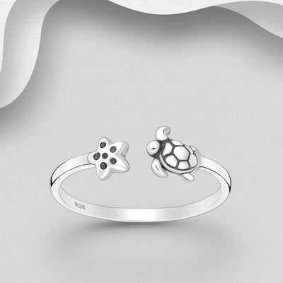 Sterling Silver Turtle & Starfish Ring