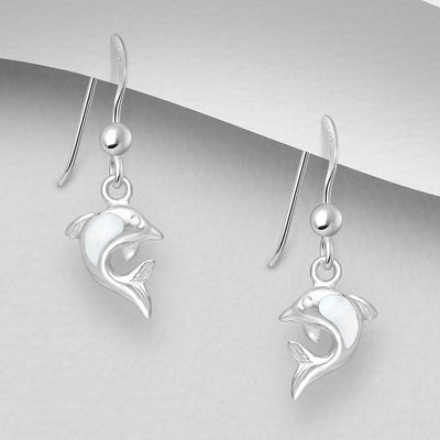 Sterling Silver & Mother of Pearl Shell Dolphin Dangly Earrings