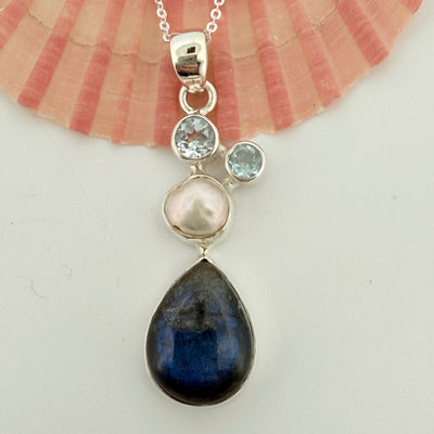 Labradorite, Freshwater Pearl & Blue Topaz Sterling Silver Pendant