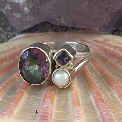 Sterling Silver, Freshwater Pearl & Amethyst Ring