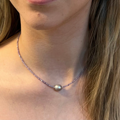 Sterling Silver, Tanzanite & Freshwater Pearl Beaded Necklace