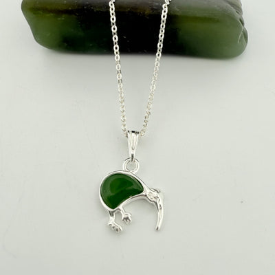 Kiwi Bird pendant on sterling silver and NZ Greenstone