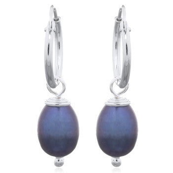 Sterling Silver Black Freshwater Pearl Hoop Sleeper Earrings