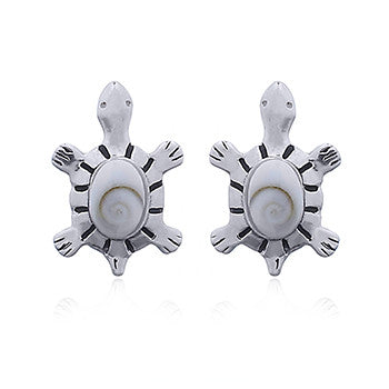 Sterling Silver Oxidized Turtle Stud Earrings with Shiva Shell