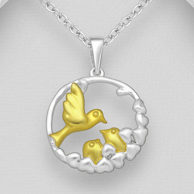 Sterling Silver Birds in Nest Pendant plated with 1 micron of 18K Yellow Gold