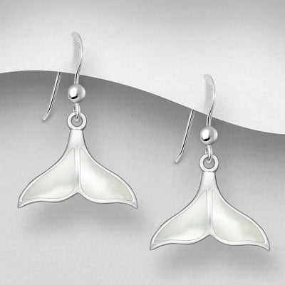 Sterling Silver Whales Tail & Mother of Pearl Shell Dangly Earrings