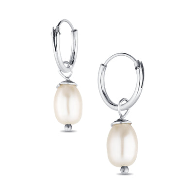 Sterling Silver White Freshwater Pearl Hoop Sleeper Earrings