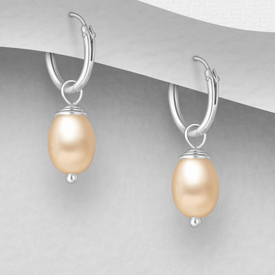 Sterling Silver Peach Freshwater Pearl Hoop Sleeper Earrings