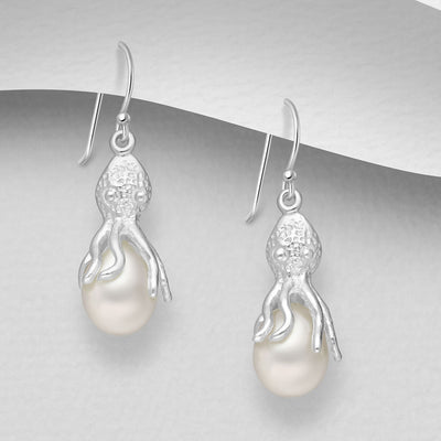 Sterling Silver Octopus Dangly Earrings With Fresh Water Pearls