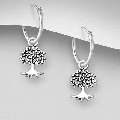 Sterling Silver Tree of Life Hoop Sleeper Earrings