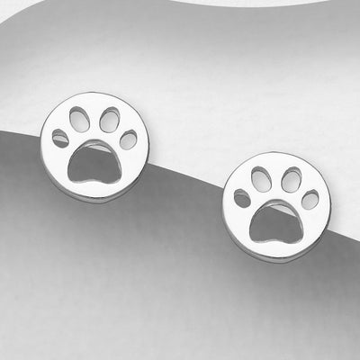 Sterling Silver Paw Print in Circle Stud Earrings