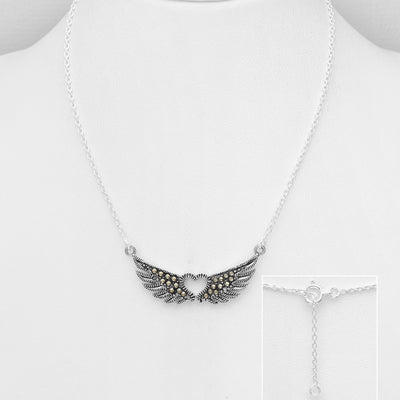 Sterling Silver Heart and Wings Necklace Decorated With Marcasite