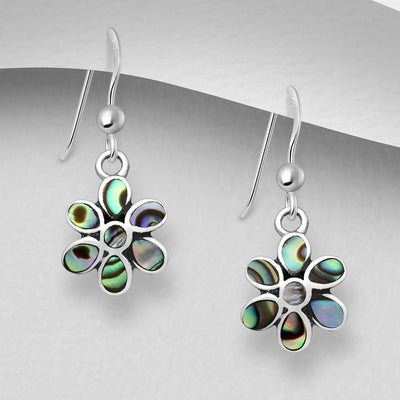 Sterling Silver & Paua Shell Dangly Flower Earrings