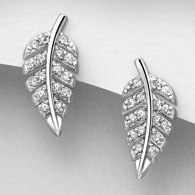 Sterling Silver Cubic Zirconia Silver Fern Stud Earrings