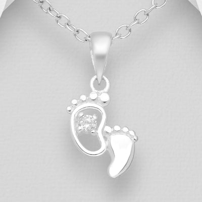 Sterling Silver Mom & Baby Feet Pendant With Cubic Zirconia