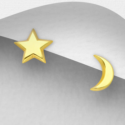 Sterling Silver Star & Moon Stud Earrings Plated with 1 Micron 18K Yellow Gold