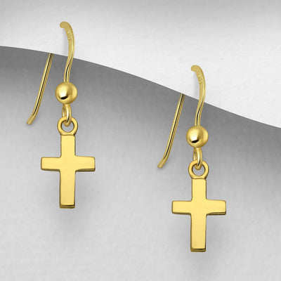 Sterling Silver Cross Hook Earrings, Plated with 1 Micron 18K Yellow Gold