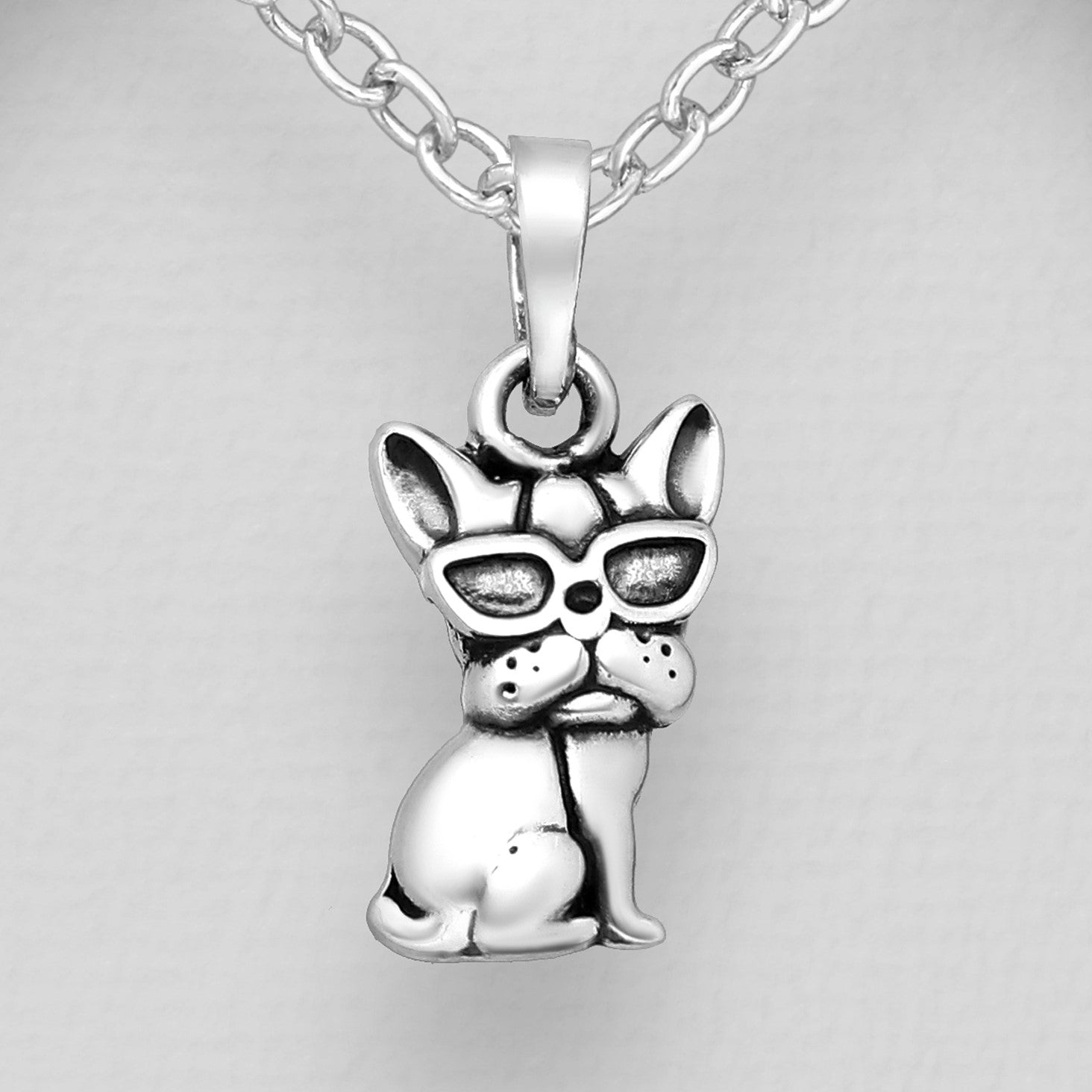 French Bulldog Necklace, head pendant - recycled .925 Sterling Silver