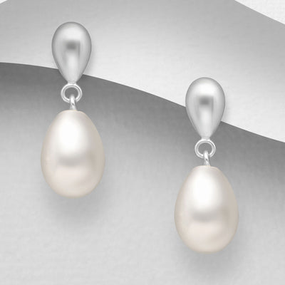 Sterling Silver & White Freshwater Pearl Dangly Stud Earrings