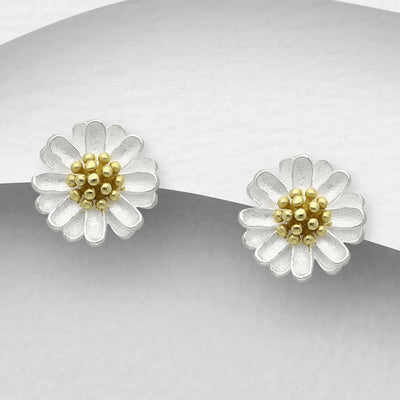 Flower Stud Earrings, Plated with 1 Micron 18K Yellow Gold