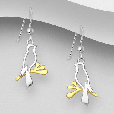 Sterling Silver Bird Dangly Earrings with 1 micron 18K Yellow Gold