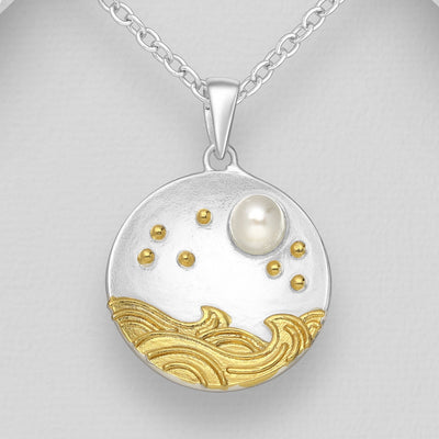 Sterling Silver Wave Pendant with 1 Micron 18K Yellow Gold